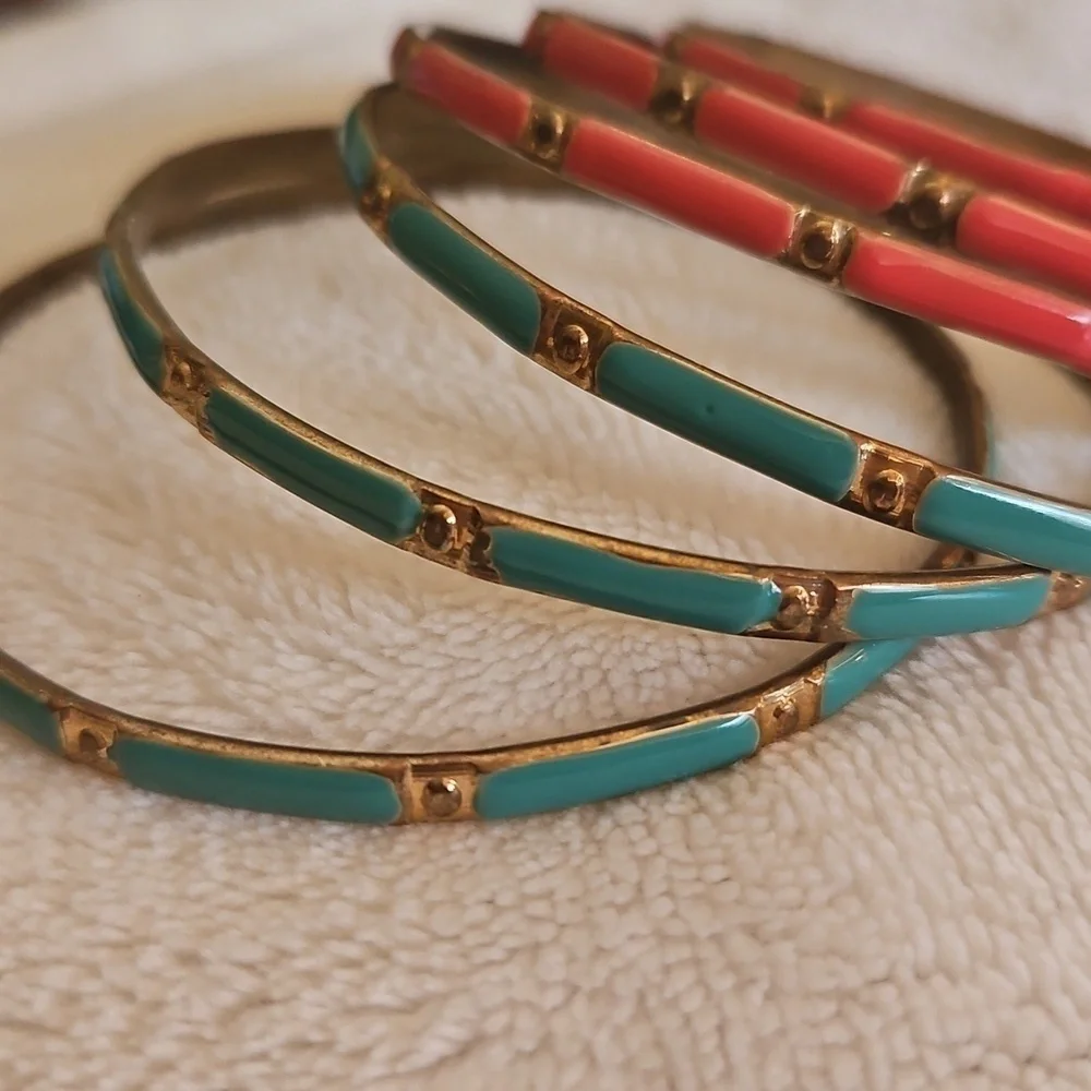 Vintage Set of Six Pink Green and Goldtone Brass Bangle Bracelets